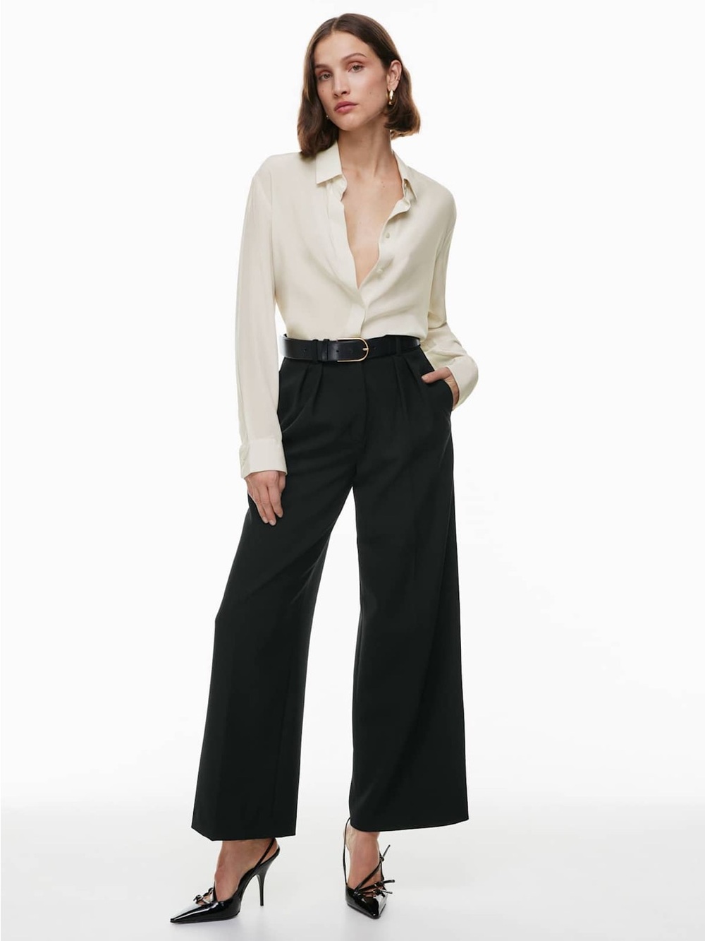 Aritzia Babaton Academy Silk Blouse Matte Pearl 100% Silk Button-Up Large